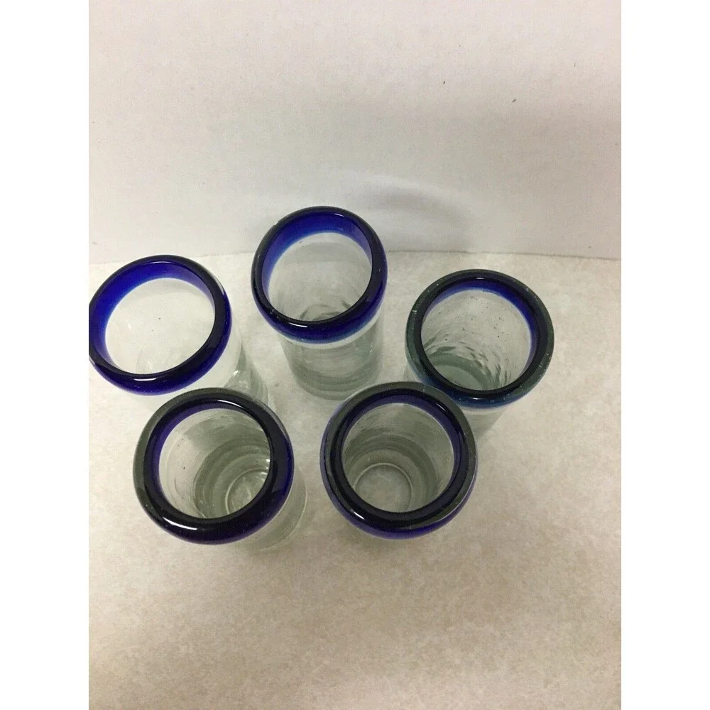 5 Mexican  Hand Blown Cobalt Blue Rim Tequila Shot Glasses Liquor